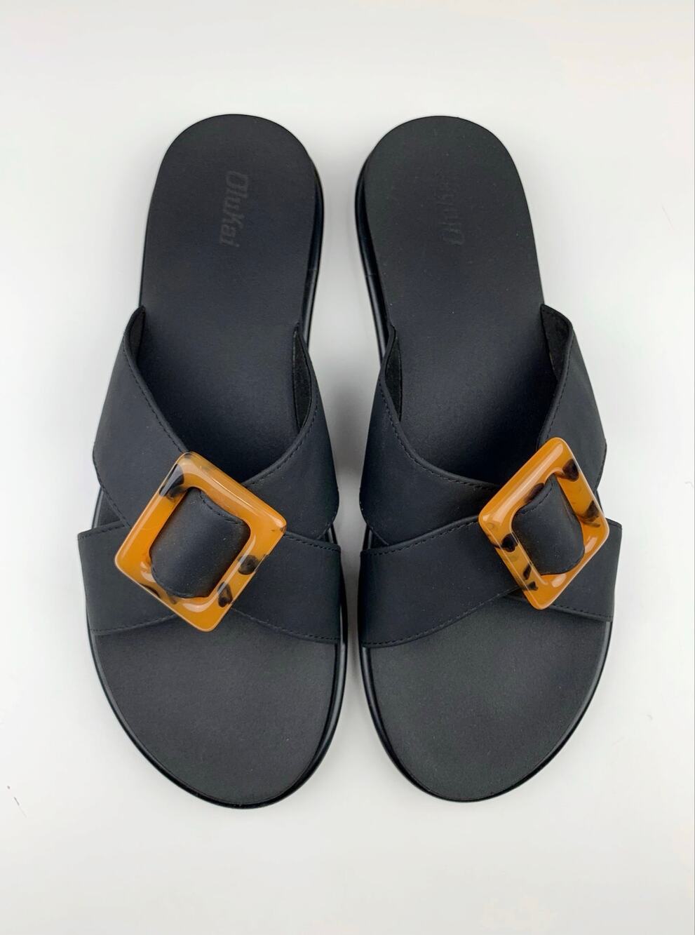 Olukai La'i Slides Sandals Black Slip On Criss Cross Straps Buckle Women's 11
